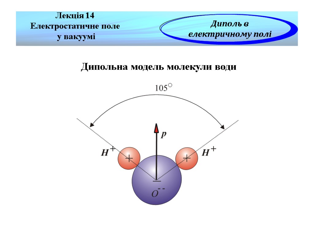 Дипольна модель молекули води Лекція 14 Електростатичне поле у вакуумі Диполь в електричному полі